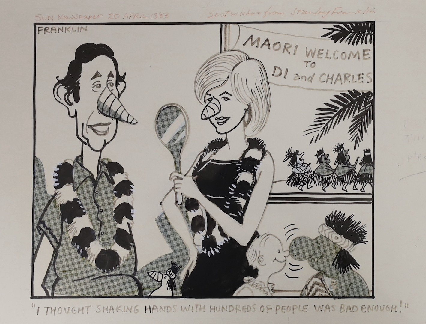 Clive Collins (1942-2022) and Franklin (1930-2004), two original cartoons for the The Sun, 'Margaret Thatcher Radio Phone-In' and 'Charles and Diana in New Zealand', 32 x 39cm and 25 x 35cm